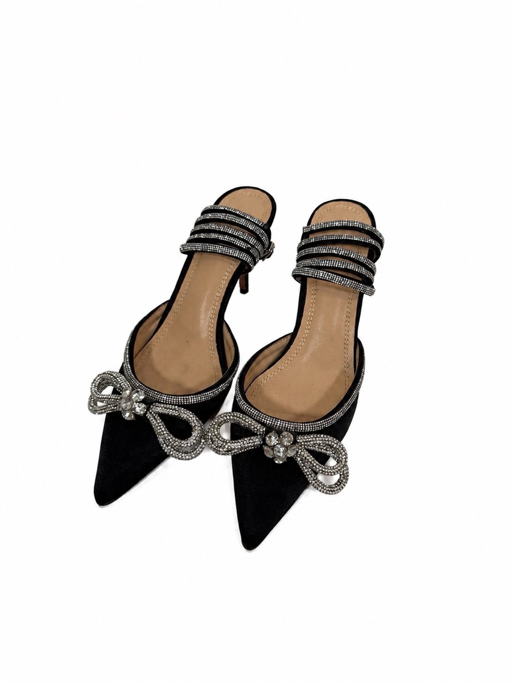 Elegant Black Pointed Toe Heels with Crystal Bow Accent